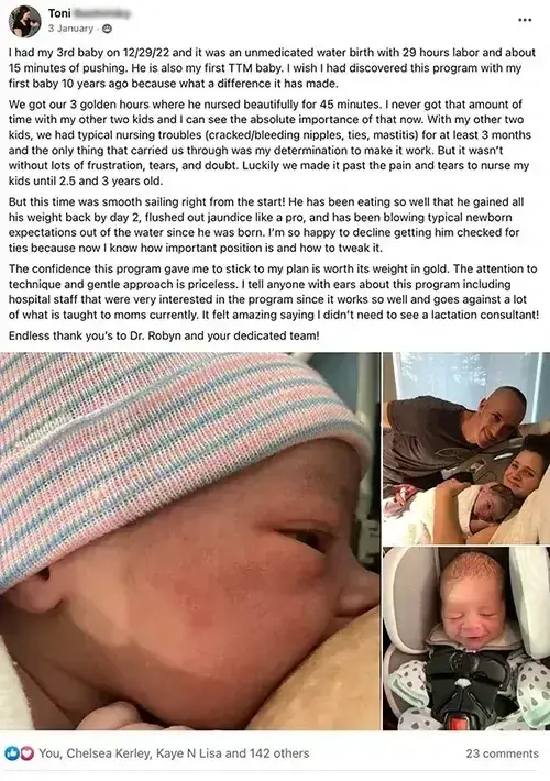 Facebook review screenshot: 'We got our 3 golden hours, he nursed beautifully'