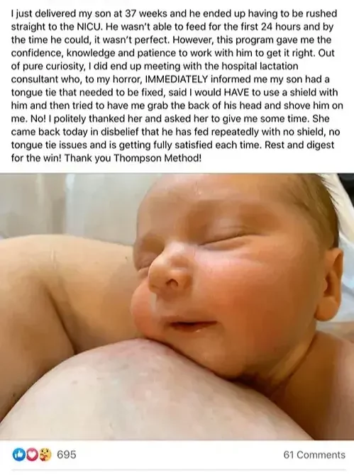 Screenshot of 5-star Facebook review from Caroline: 'No tongue tie issues and is getting fully satisfied!'"