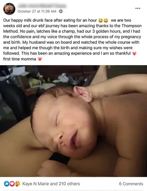 Facebook review screenshot: 'No pain & latches like a champ'