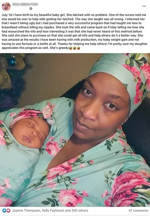 Screenshot of glowing Facebook review from Erica: 'Amazing milk production and no formula top ups'