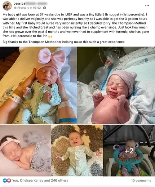 Screenshot of 5-star Facebook review from JessicaS.: 'Nursing like a champ'