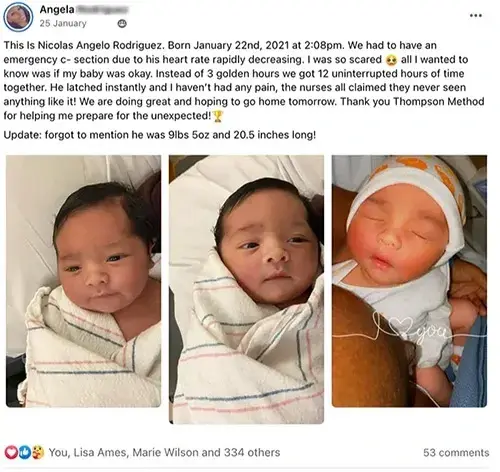 Screenshot of glowing Facebook review from Angela: 'instead of 3 golden hours we got 12 uninterrupted hours'