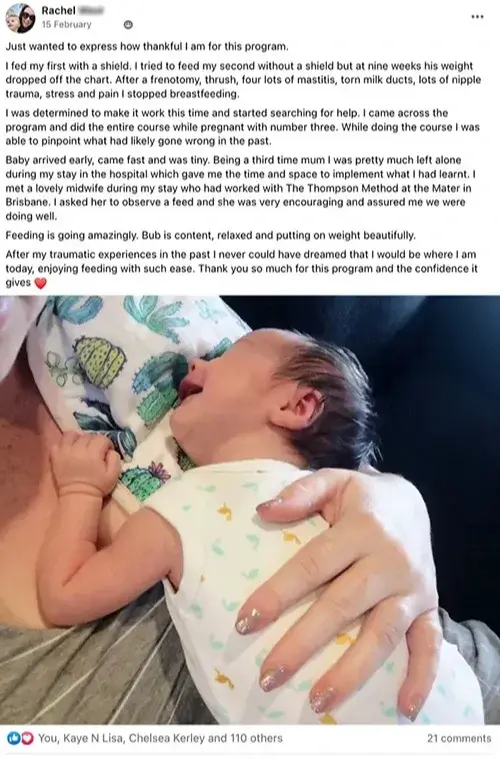 Screenshot of 5-star Facebook review from Rachel West:'Breastfeeding is going amazing'